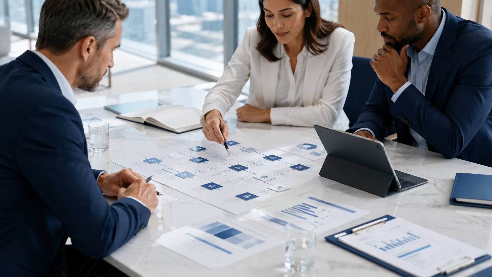 Team discussing an AI implementation plan around a conference table