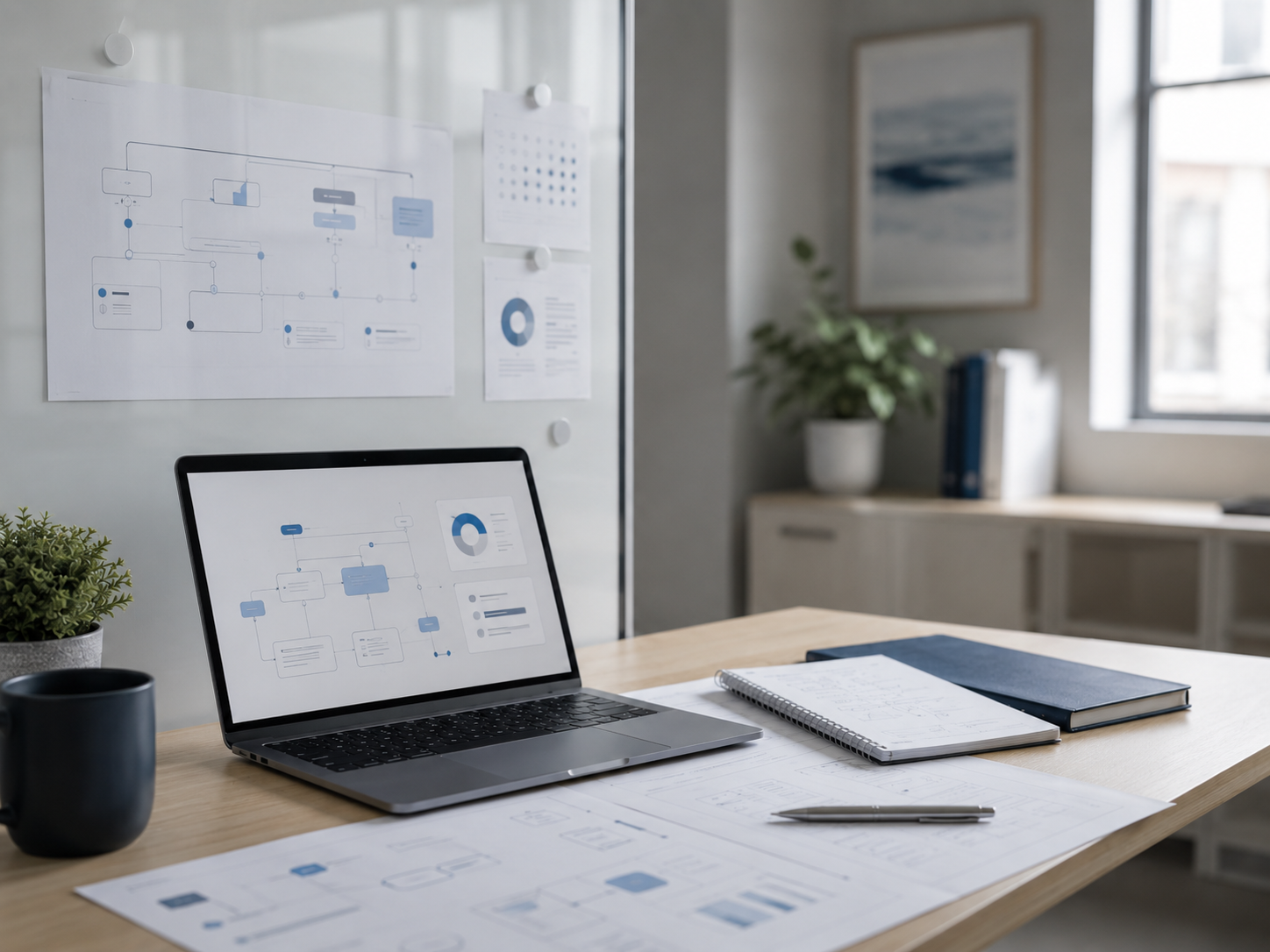 Professional reviewing an AI strategy document on a desktop computer